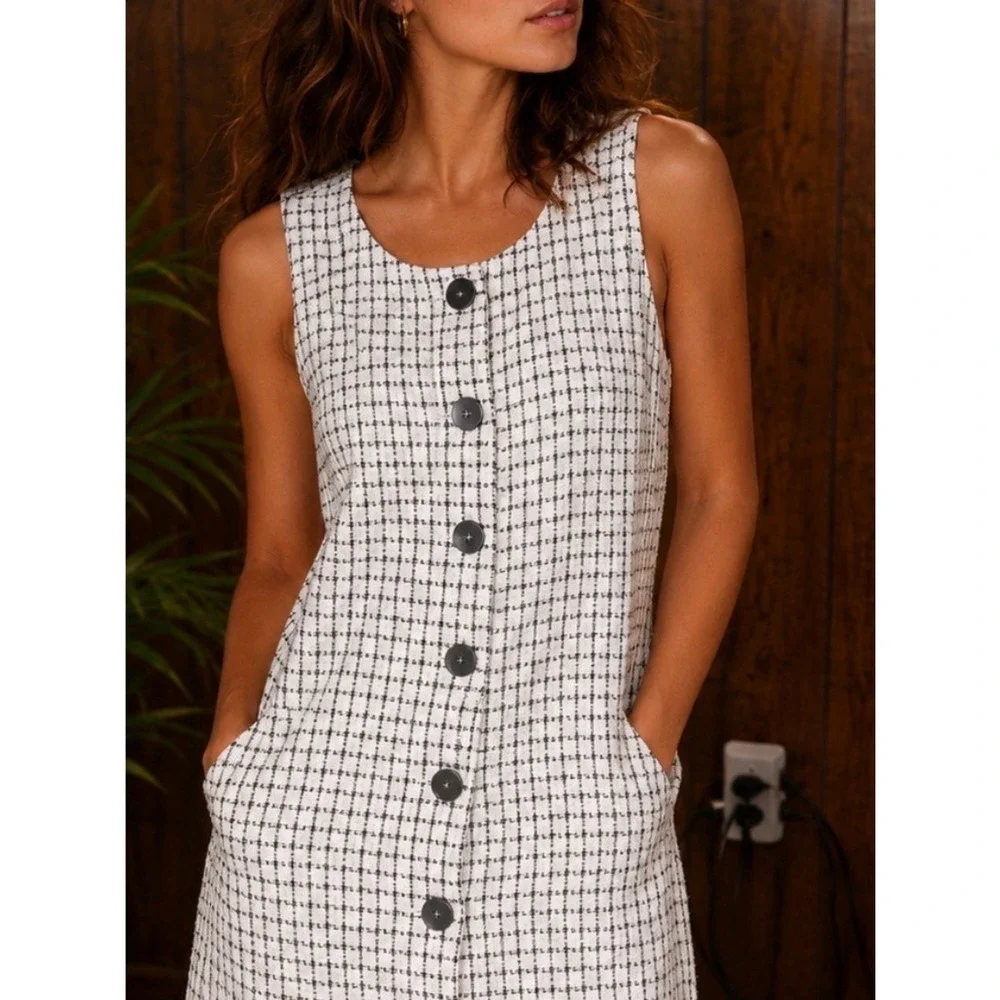 J. Crew White and Black Tweed Button-Front Shift Dress